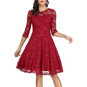 Women's Red Lace 3/4 Sleeve Fit and Flare Midi Dress Formal Party Occasion sz M